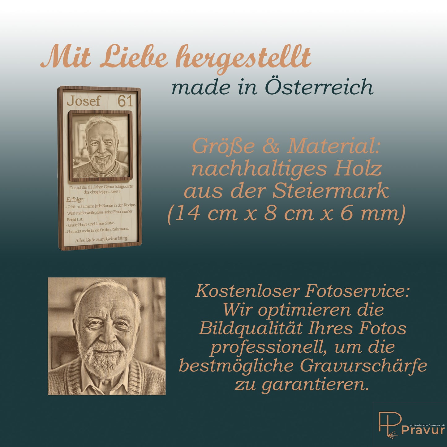 Infografik zu den Abmessungen der Karte und dem kostenlosen Foto-Optimierungsservice.