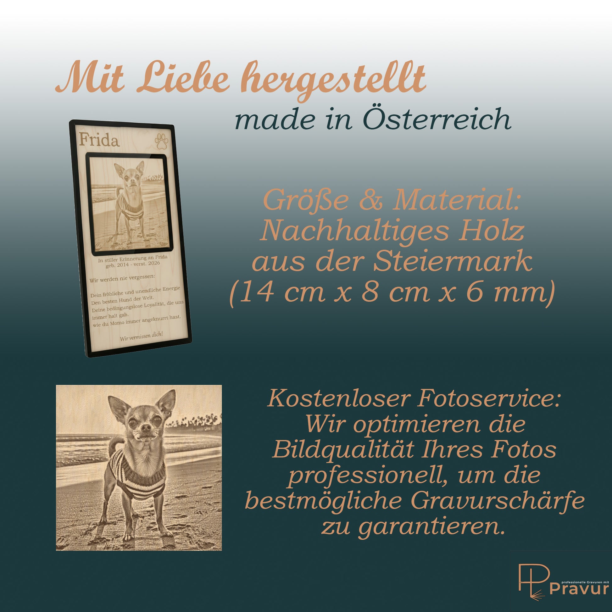Infografik zur Größe der Gedenktafel und Informationen zur kostenlosen Bildbearbeitung.