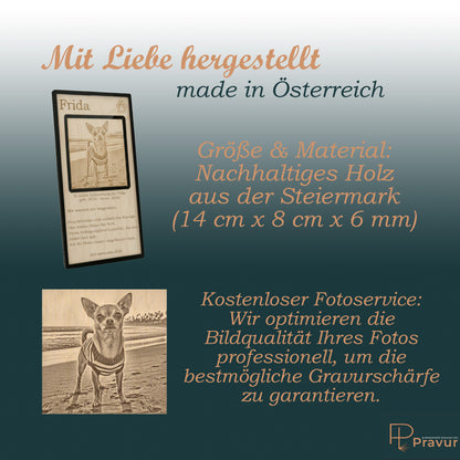 Infografik zur Größe der Gedenktafel und Informationen zur kostenlosen Bildbearbeitung.