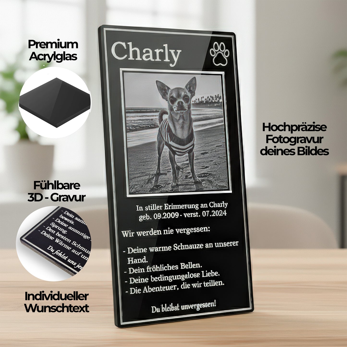 Detail der präzisen Gravur auf schwarzem Acryl – zeigt das fotorealistische Hundeporträt.