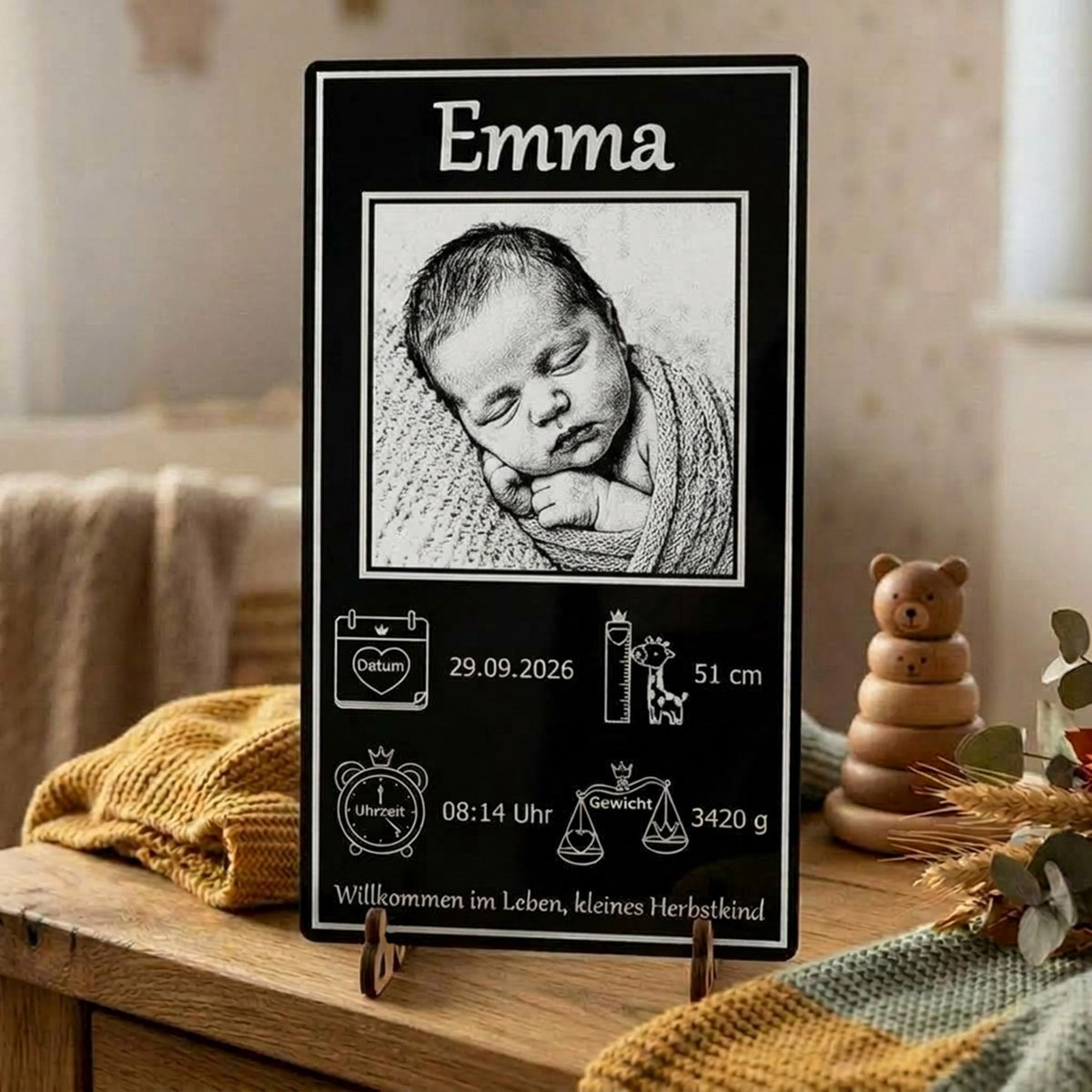 Personalisiertes Acrylglas schwarz Bild zur Geburt mit Babyfoto und Geburtsdaten auf Holzfuß im Kinderzimmer.
