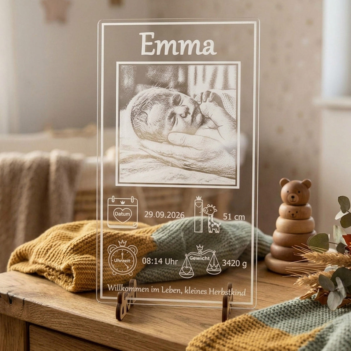 Personalisiertes Acrylglas-Bild zur Geburt mit Babyfoto und Geburtsdaten auf Holzfuß im Kinderzimmer.