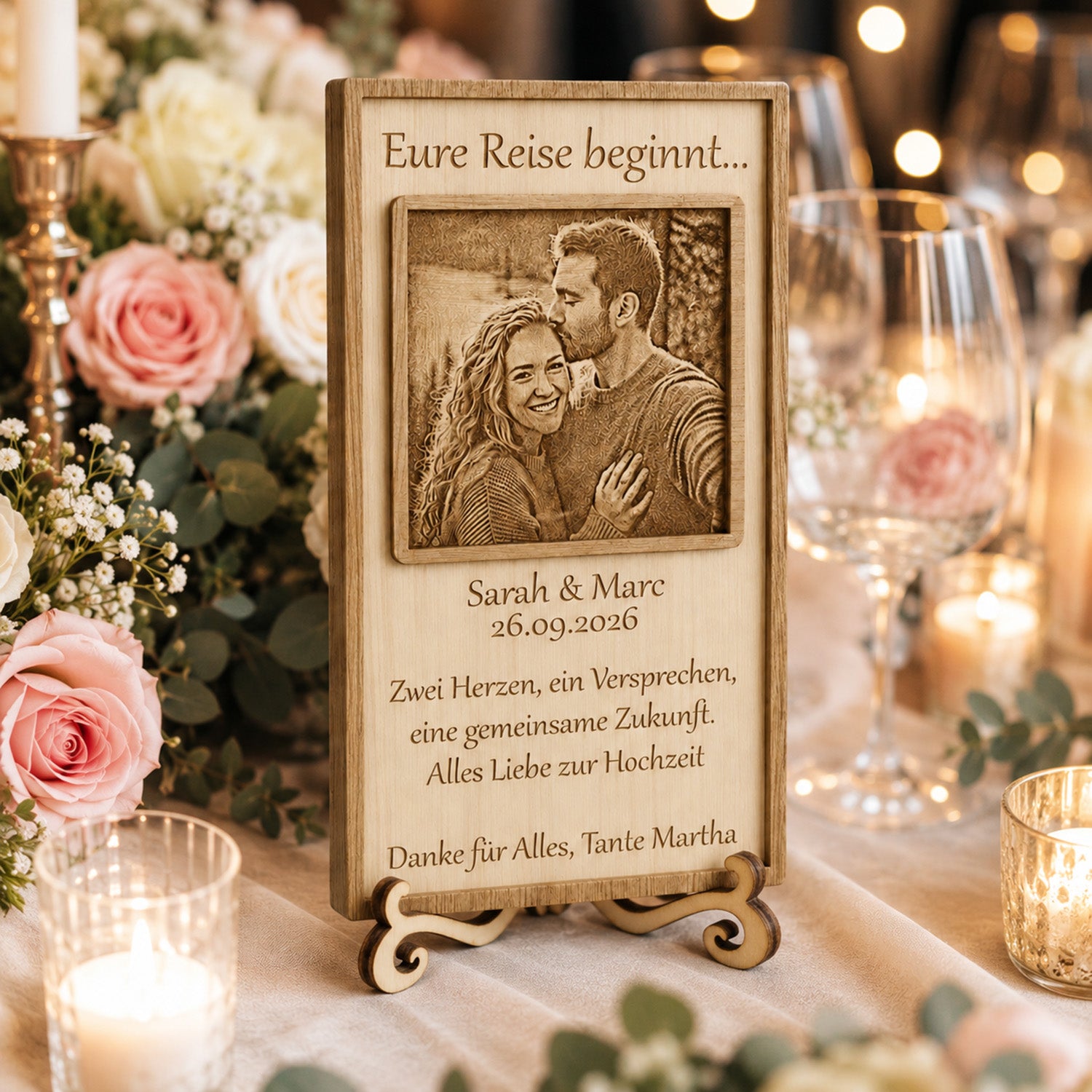 Stimmungsvoll dekorierter Holzaufsteller mit Fotogravur auf dem Geschenktisch neben Gläsern und Blumen.