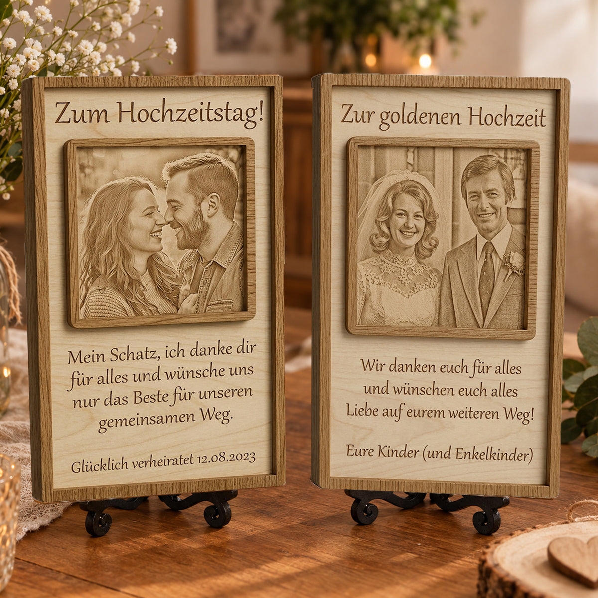 Personalisiertes Holzgeschenk zum Hochzeitstag stimmungsvoll dekoriert auf einem Holztisch mit Blumen.