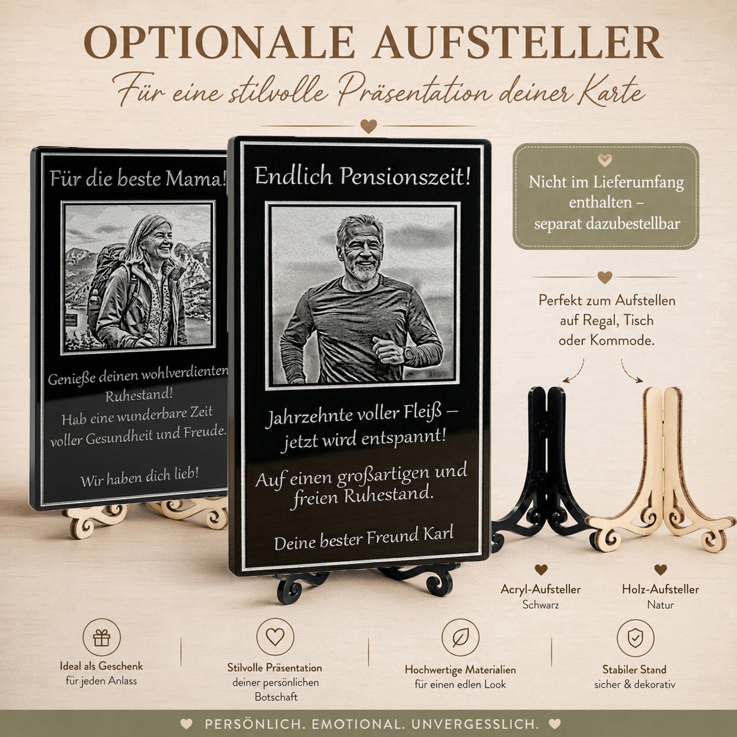 Nahaufnahme des eleganten Holzaufstellers für den perfekten Stand der schwarzen Acryl-Erinnerungsplatte zur Pensionierung.
