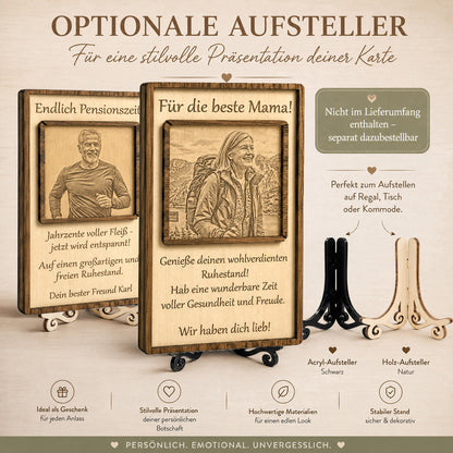 Detailansicht des stabilen Holz-Standfusses für die würdevolle Platzierung des Renten-Erinnerungsstücks auf dem Schreibtisch oder Regal.