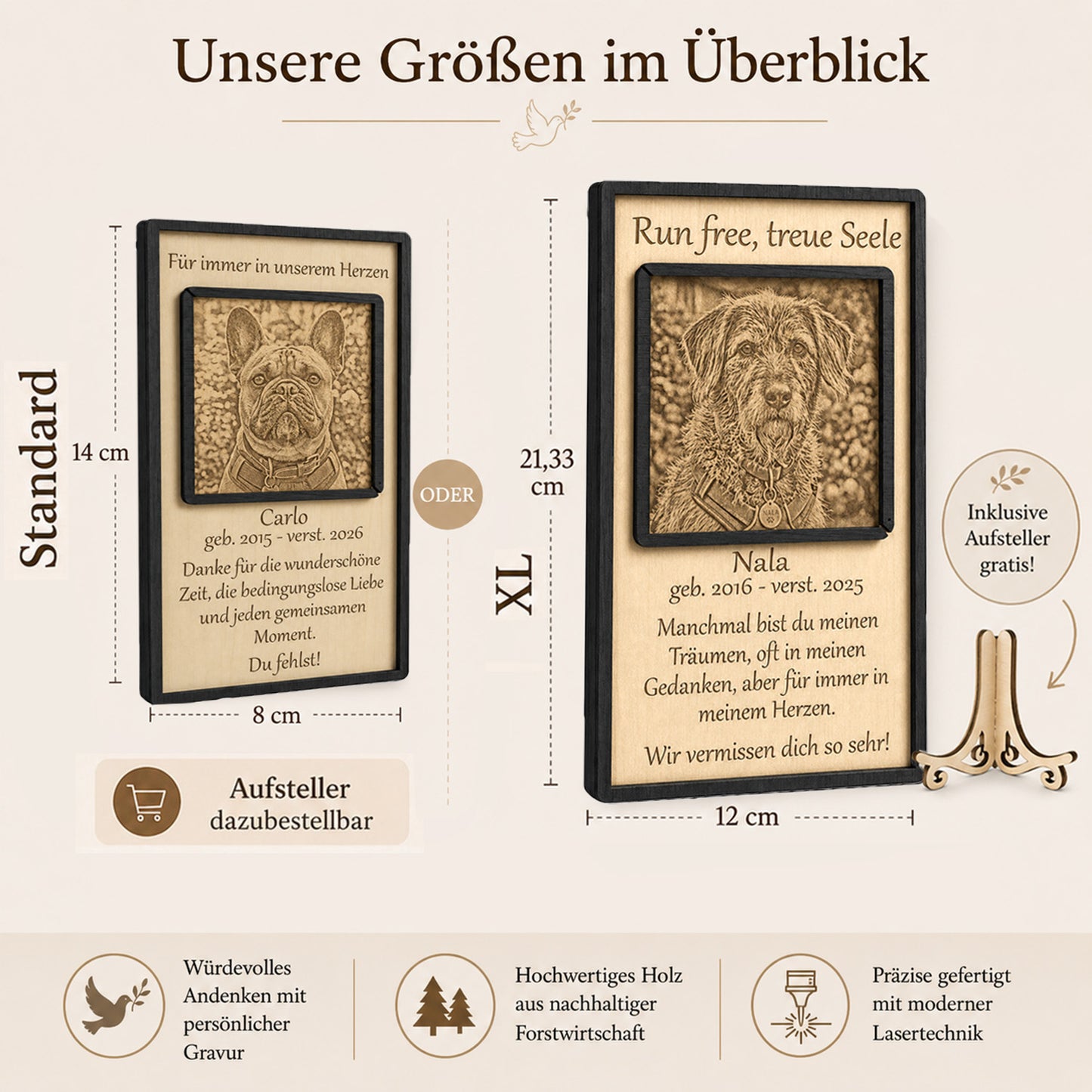 Abmessungen und Maße der hölzernen Hunde-Erinnerungstafel im direkten Größenvergleich.