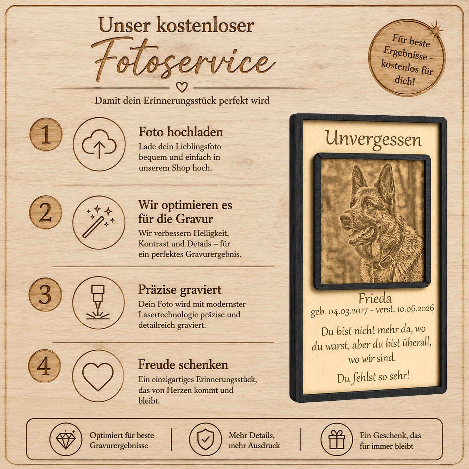 Professionelle Bildoptimierung und Kontrastanpassung von unserem Grafikservice für eine detailreiche Fotogravur auf Holz.